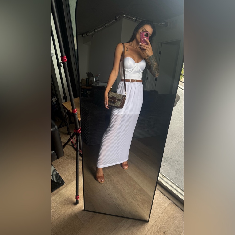 White Strapless Maxi Dress with Brown Belt